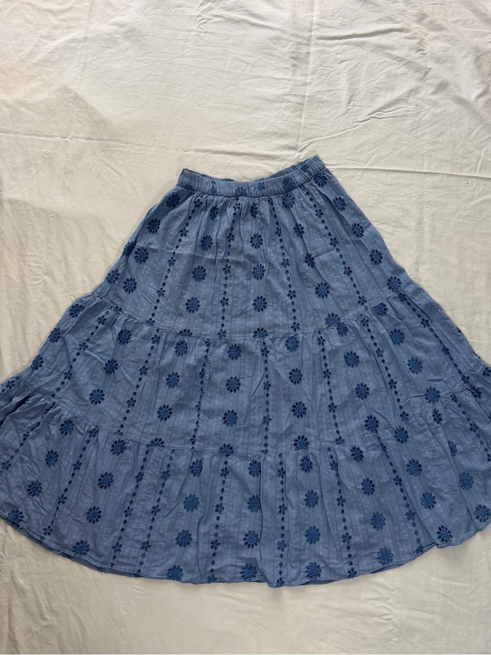 Zara Blue Eyelet Embroidered Tiered Maxi Skirt Size M